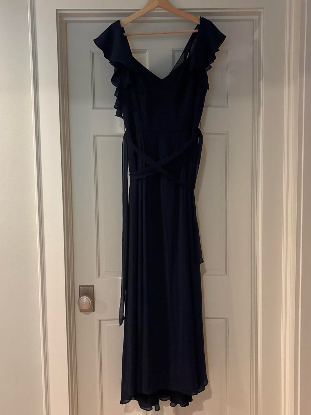 Watters Navy Ruffle V-Neck Maxi Dress